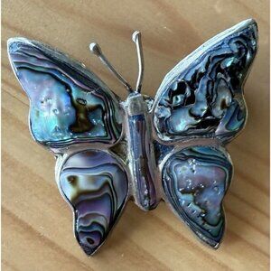 Silver Brooch Pin Butterfly Abalone Shell Alpaca Mexico Fairy Whimsical